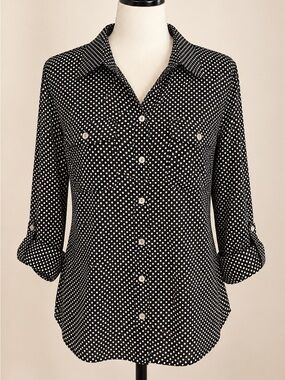 Black White Polka Dot Button Down Blouse Women’s M
